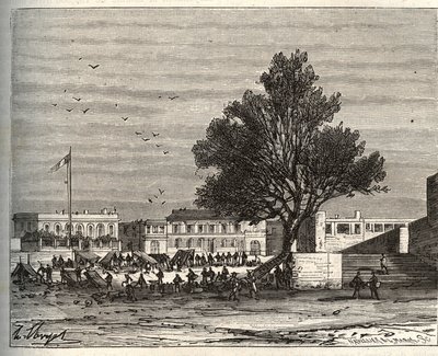 Franska kolonier i afrika - Place du gouvernement a Goree - gravyr i "La France illustree: geografi, historia, statistisk administration" av V.A. Malt-brunt. 1884 av French School