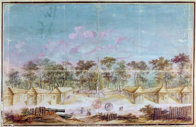 Franska kolonister bosatte sig på stranden i Kourou, Guyana 1763 (wc på papper) av French School