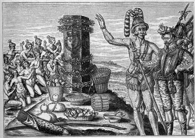 Fransk koloni i Amerika: Floridianerna älskar jubileumskolonnen erigee av Rene de Laudonniere till minne av de spanska attackerna på de franska protestantiska kolonierna 1564. Från en gravyr från 1500-talet. I "La Marine et les colonies: handel" av French School