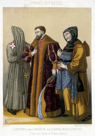 Franska dräkter på 1500-talet: Till vänster en ångerfull, i mitten en adel och till höger en präst. Illustration av 1800-talet från Saint Ouen till Rouen. av French School