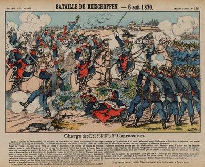 Franska kurassier som anfaller preussiskt infanteri vid slaget vid Reichshoffen, fransk-preussiska kriget, 6 augusti 1870 (färgad gravyr) av French School