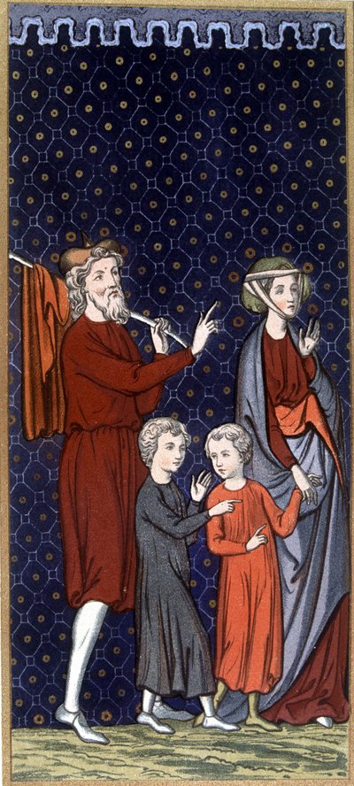 Fransk familj på 1300-talet - i "" Sumptuary arts of costume and furniture"", red. Mangard-Maugé av French School