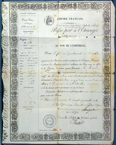 Franskt pass, från Besançon, 20 september 1854 av French School