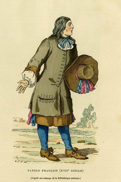 Fransk bondedräkt på 1700-talet. Gravyr i färg efter ett tryck av nationalbibliotheque, i "France et les francais a travers les centuries" av Augustin Challamel, F.Roy redaktör, Paris 1882. Selva Collection. av French School