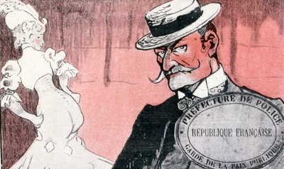 Fransk polis undersöker en prostituerad innan hon arresterades. 1800-talets Frankrike. Fransk illustration 1890 av French School