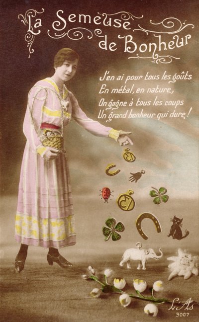 Franskt vykort föreställande La Semeuse de Bonheur (Lyckans sår), 29 mars 1914 av French School