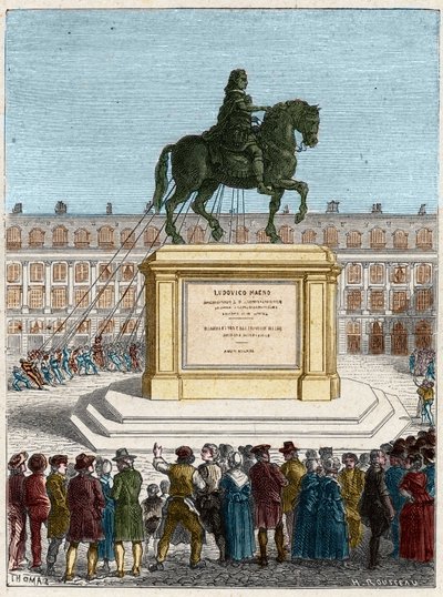 Franska revolutionen: störtande av statyn av kung Ludvig XIV (1643-1715), Place Vendome i Paris av French School