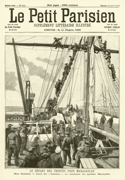 Franska soldater avgår från Marseille till Madagaskar (gravyr) av French School