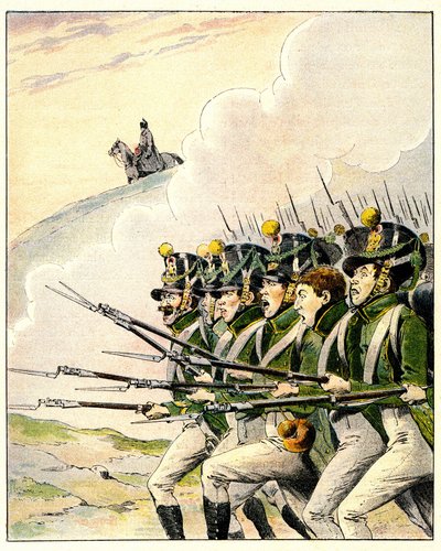 Franska soldater under slaget vid Waterloo (färg litho) av French School