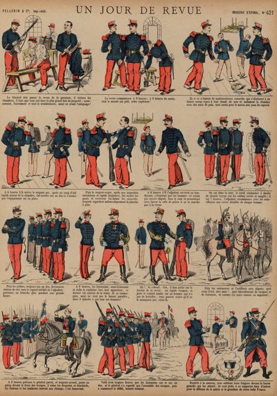 Franska soldater på dagen för en recension (färgad gravyr) av French School