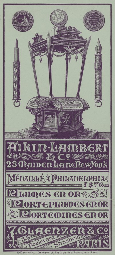 Franska handelskortsreklam Aikin Lambert-pennor, pennhållare och drivande pennor (litho) av French School