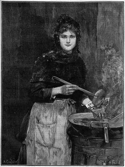 Stekt potatishandlare; 1888 gravyr från Achilles Foalds målning. av French School