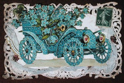 Vänskapshälsningskort som visar en bil täckt av blommor, tidigt 1900-tal (färg litho)_ av French School