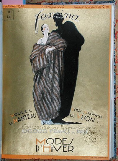 Framsidan av "Femina" Magazine som visar vintermode, oktober 1923 (lito i färg) av French School