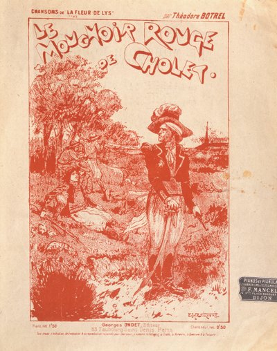 Främre omslag till noten till låten Le Mouchoir Rouge de Cholet, skriven och komponerad av Theodore Botrel av French School