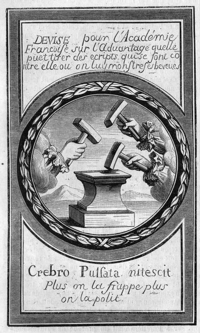 Frontispice of the "Factums" mot den franska akademin av Antoine Furetiere (1619-1688). Gravyr från 1860. av French School
