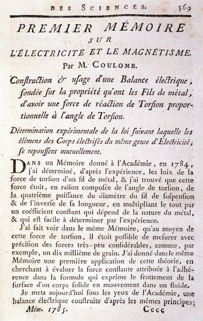 Frontispice av boken "" Första memoarer om elektricitet och magnetism"" av Coulomb av French School