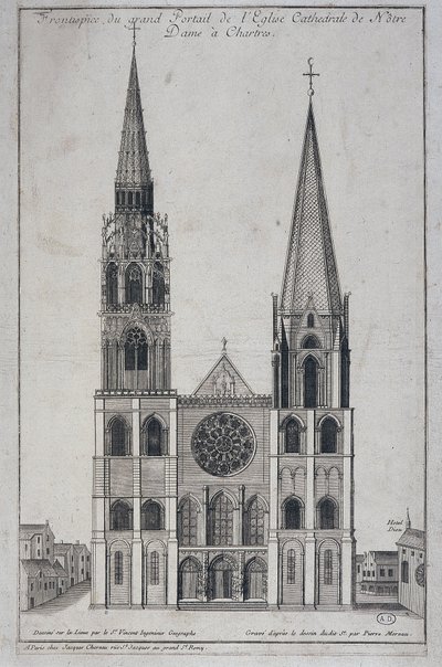 Frontispice av den stora portalen till kyrkan Cathedrale de Notre Dame à Chartres, designad på plats av Saint Vincent Geographer Engineer, sd. 1800-talet av French School