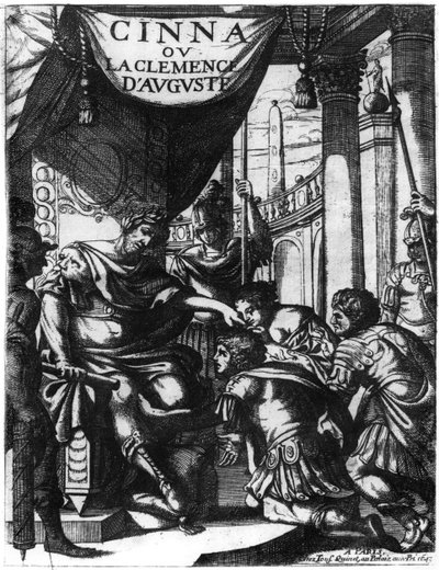 Frontispice av Cinna ou la Clemence dAuguste av Pierre Corneille (1606-84) publicerad 1643 av French School
