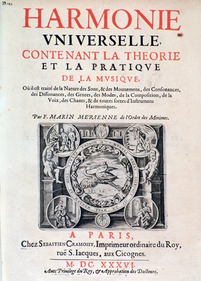 Frontispice av Harmonie universelle som innehåller teori och praktik av musik av Marin Mersenne (Marin Mersennus eller le Pere Mersenne) (1588-1648), 1637. av French School