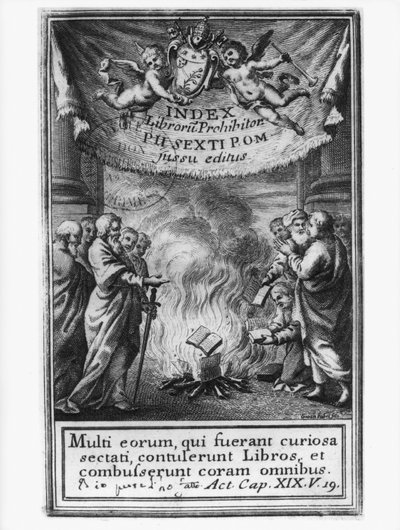 Frontispice of Index of Books föreställande en auto da fe, 1786 av French School