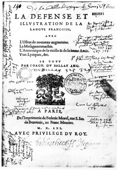 Frontispice av La Defense et Illustration de la Langue Francaise av Joachim du Bellay, tryckt av Federic Morel i Paris 1561 (tryckt papper med penna och bläck) av French School
