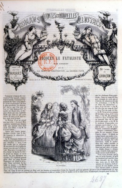 Frontispice av en samling romaner och berättelser med Jacques le Fataliste av Diderot, publicerad i Paris 1849 av French School