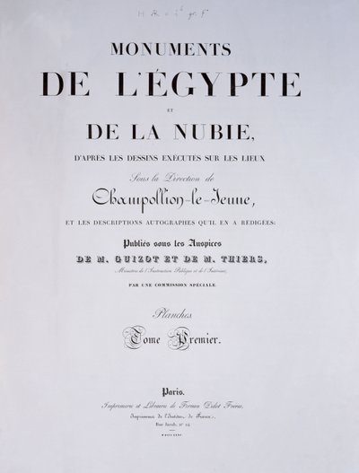 Frontispice av 1:a volymen av Monuments de lEgypte et de la Nubie av konstnären, publicerad i Paris av Firmin-Didot, 1835 av French School