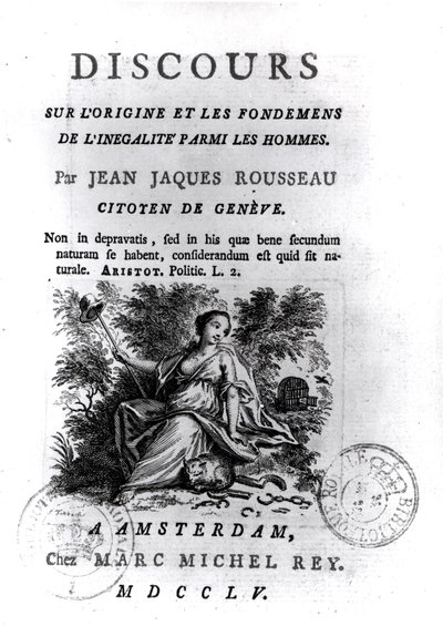 Frontispice till diskurs om ursprunget och grunderna för ojämlikhet bland män av Jean-Jacques Rousseau (1712-78) c.1755 av French School