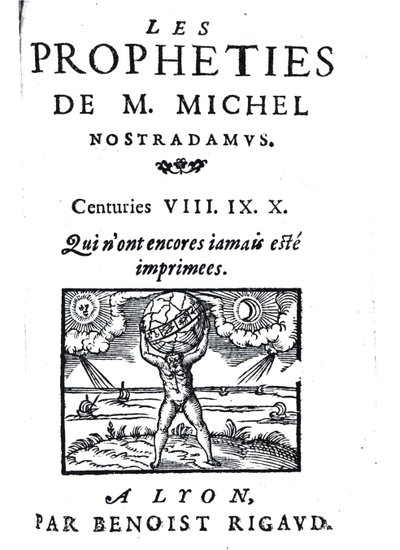 Frontispice till The Prophecies of M. Michel Nostradamus, pub. av Benoist Rigaud, 1568 av French School