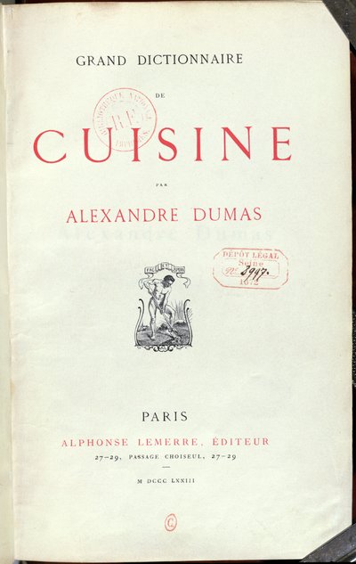 Frontispice till Grand Dictionnaire de Cuisine av Alexandre Dumas pere (1803-70) 1873 av French School