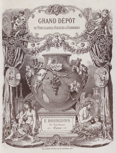 Frontispice till katalogen av Grand Depot de Porcelaines, Faiences et Verreries (färg litho) av French School
