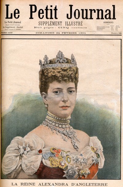 Framsidan av den franska tidningsdrottningen Alexandra av England (1844-1925) fru till kung Edward VII "Le Petit Journal" 24 februari av French School