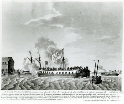Fultons ångdrivna krigsskepp, Fulton the First, designad och byggd av Robert Fulton för försvaret av New York under kriget 1812 (bw-foto av gravyr från början av 1800-talet) av French School
