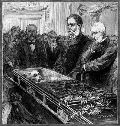 Begravning av James Abram Garfield (1831-1881), USA:s president: hans ersättare, Chester Alan Arthur (1830-1886) och sekreterare Blain framför kistan under kupolen på Washington Capitol. Gravyr i "" Le Monde Illustré"" nr 1282 av av French School