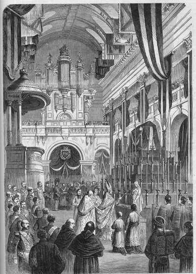 Begravning av Marechal Pelissier (1794-1864), hertig av Malakoff: berömd begravningsgudstjänst i Invalides kyrka, 9 juni av French School