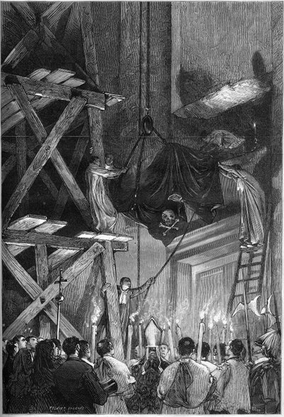 Begravning av påven Pius Ix (Pio) (1792-1878): begravningen av kroppen i Peterskyrkan i Rom. Gravyr i "" Le Monde Illustré"" nr 1093 av den 9 mars 1878. av French School