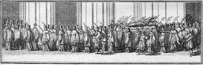 Begravning av en påve på 1700-talet: påvens kropp bärs till Peterskyrkan i Rom. Gravyr i "Histoire des religions"". av French School