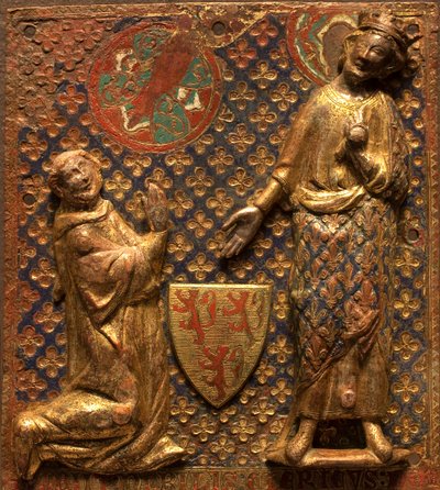 Begravningsplakett: Guy de Meyos knäböjer framför Saint Louis (Ludvig IX av Frankrike av French School