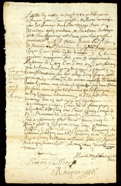 Pälshandelskontrakt mellan Francois Francoeur och fyra resenärer för transport av varor och köp av bäverskinn i Michilimackinac och Chicago, 1692 (se även 332318) av French School