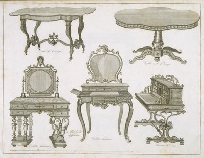 Möbeldesign av Lefevre-Chauveaux, från Album Dessins de Meubles, svartvit gravyr av French School