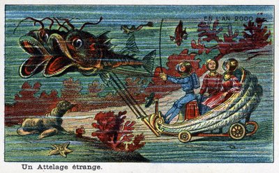 Futuredays: A Nineteenth Century Vision of the Year 2000 - Serien "" In the Year 2000": En märklig hitch (tank som dras av fisk under havet). Kromolitografi av Villemard av French School