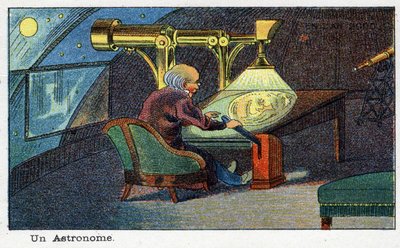 Futuredays: A Nineteenth Century Vision of the Year 2000-serien: En astronom (arbetar med ett speciellt teleskop). Kromolitografi av Villemard av French School