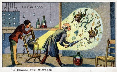 Futuredays: A Nineteenth Century Vision of the Year 2000-serien: The Hunting of Microbes (2 forskare som tar bort förstorade mikrober med en maskin). Kromolitografi av Villemard av French School