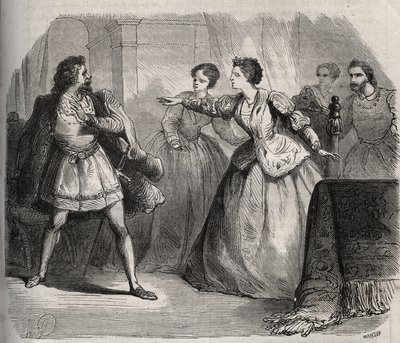 Gabrielle de Vergy bestrider sin fästman, Eudes de Fayel, som är avundsjuk på vänskapen hon har med sin kusin, Albert de Nozereau. Scen av en legend från 1100-talet. Gravyr från 1871 i "Histoire Des Cocus Celebres"" av Henry de Kock (1819-1892). av French School