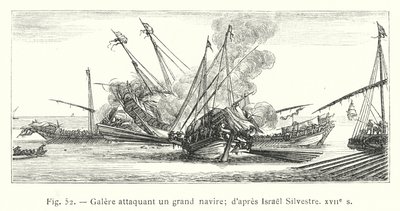 Galär attackerar ett stort skepp; efter Israel Silvestre, 1600-talet (gravyr) av French School