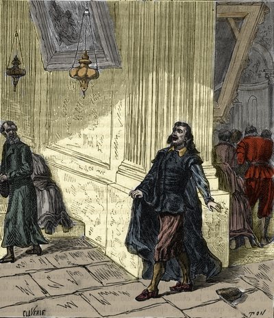 Galileo Galilei (1564-1642), italiensk vetenskapsman, observerar pendelliknande svängning av en lampa i Pisas katedral, Italien, 1582 - Galileo Galilei dit Galilee (1564-1642) observerar svängningen av lampan i katedralen i Pisa i 1582 - Gravyr i av French School