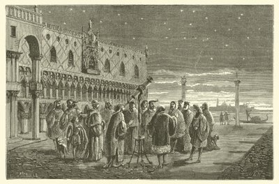 Galileo visar Jupiters satelliter till senatorerna i Venedig (gravyr) av French School