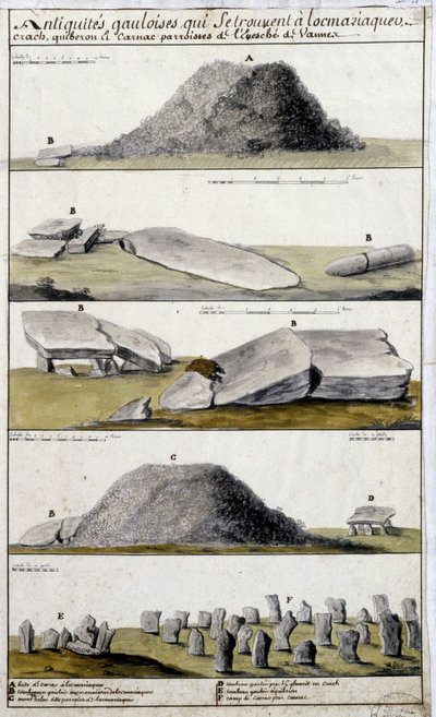 Galliska antikviteter belägna i Locmariaquer, Crash, Quiberon och Carnac, socknar i Eveche de Vanne - i "" Historisk, topografisk och naturlig beskrivning av Bretagne"" av Robien av French School