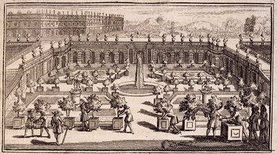 Trädgårdsmästare som arbetar i en apelsinträdgård, från Le Parfait Jardinier, eller Instruction pour les Jardins Fruitiers et Potager, av Jean de la Quintinye, publicerad 1695 av French School